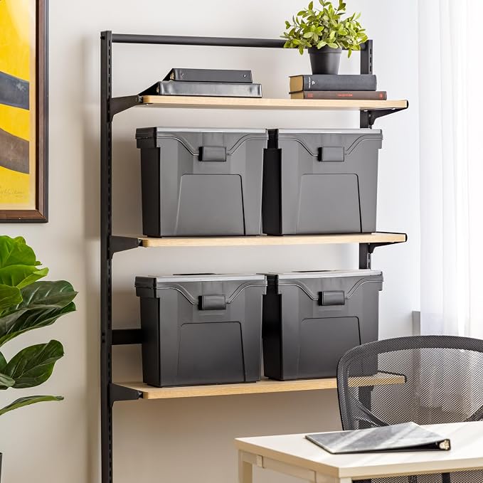 IRIS USA Slim Portable Letter/Legal File Tote Box, 4-Pack, Black | Carry letter and legal files, folders and paperwork with a slim portable design for organized storage on the go