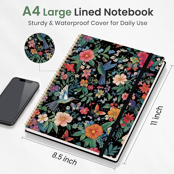 Taja Large Spiral Lined Journal for Women, 8.5" x 11" Notebooks for Work Collge Ruled, A4 Aesthetic Cute Journaling Notebooks for Writing, Plastic Cover, Hummingbird