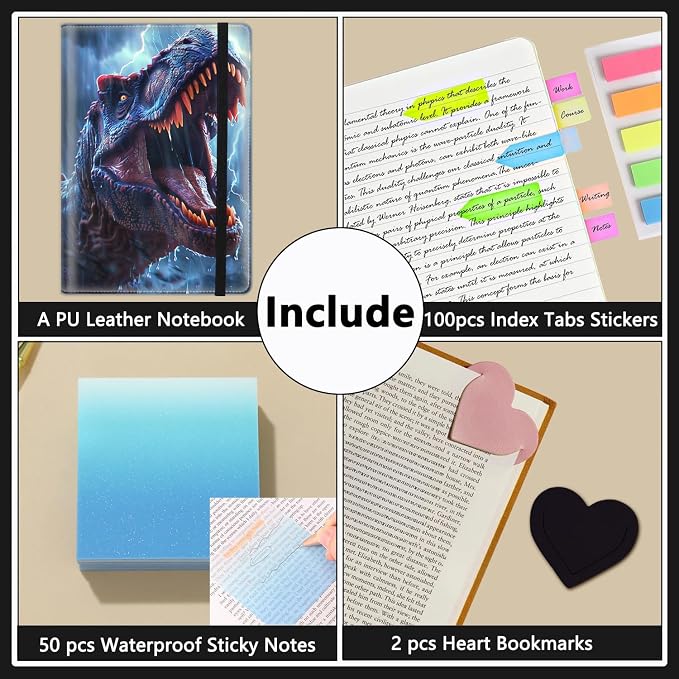 A5 Leather Lined Journal Notebook, 200 Pages Hardcover Executive Notebook for Men Women Office School Note Taking, Thick Writing Paper Daily Journal with Bookmarks/Indexes,Dinosaur
