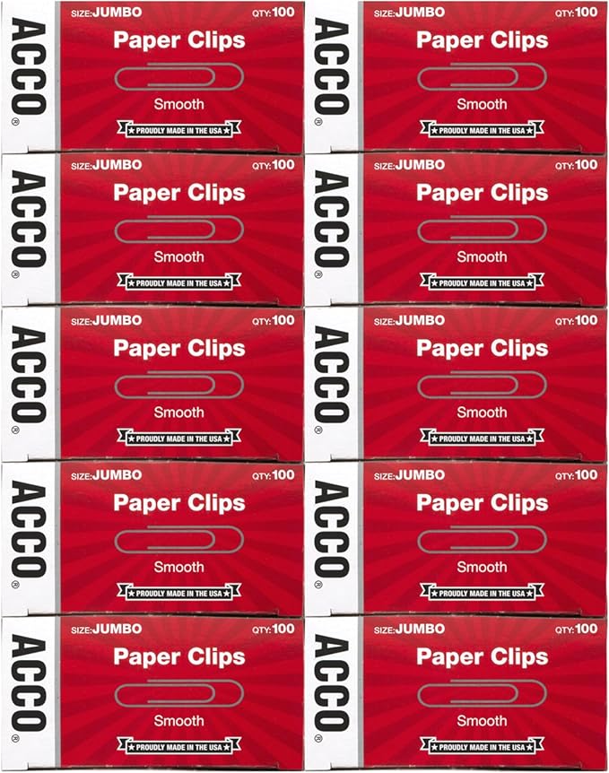 ACCO Brands Paper Clips, Jumbo, Smooth, Economy, 10 Boxes, 100/Box (72580)