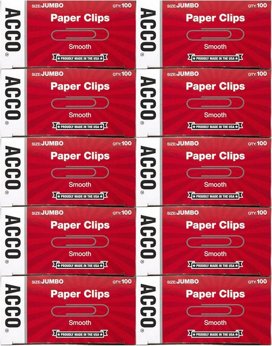 ACCO Brands Paper Clips, Jumbo, Smooth, Economy, 10 Boxes, 100/Box (72580)