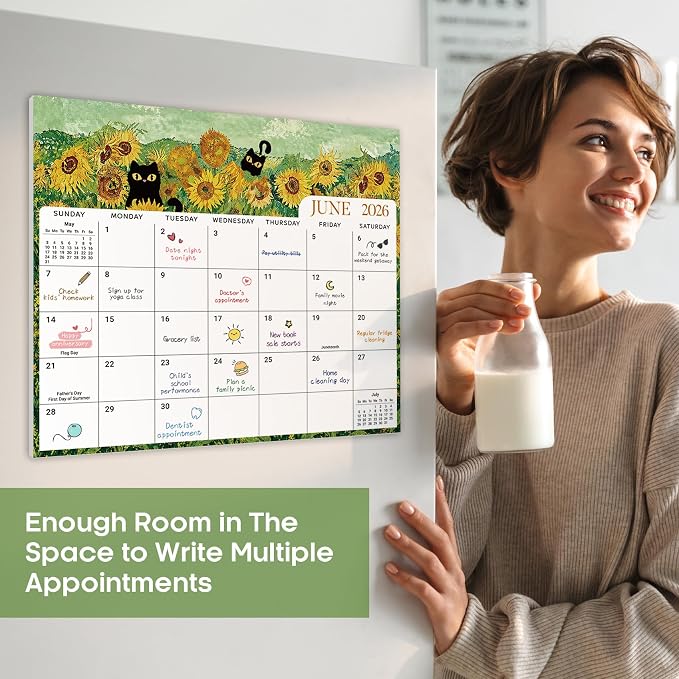 Aesthetic 2026-2027 Magnetic Calendar for Refrigerator, 21-Month Fridge Calendar Magnet from April 2026 to December 2027, Easy Organizing, Black Cats