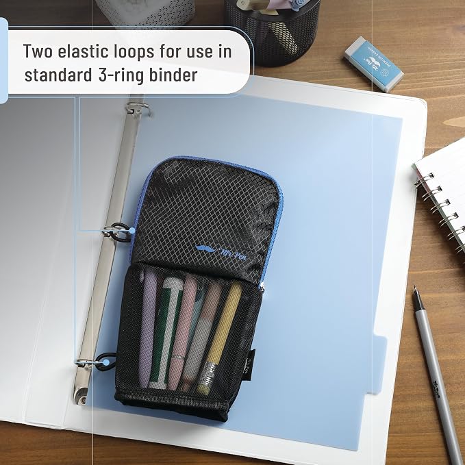 Mr. Pen- Standing Pencil Case Pouch, Sit & Lay Mesh-View Design | Black with Blue Zipper, Interior Pocket & 2 Elastic Binder Loops, Cute Pencil Case for Girls and Boys