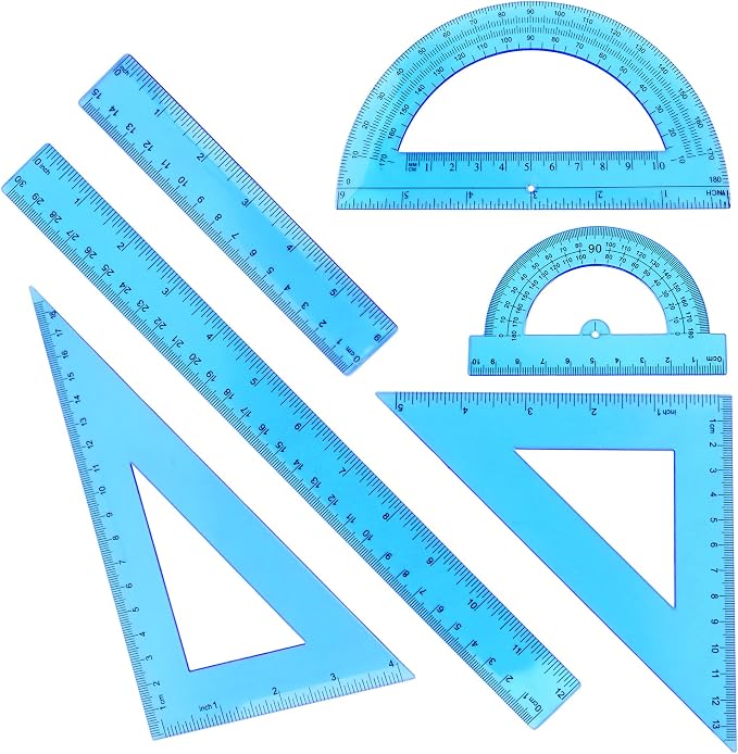 Plastic Clear Ruler Math Set - 6'' 12'' Transparent Straight Ruler, 4'' 6'' Protractor, 30/60 & 45/90 Triangle Ruler,Geometry Math Measuring Tool for School Office Drawing Teachers Kids Supplies Blue