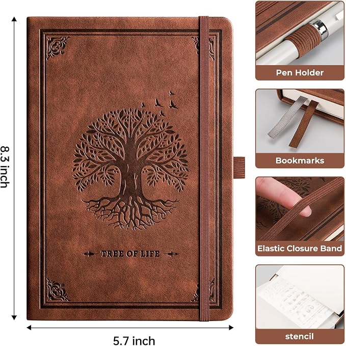 AHGXG Dotted Journal Notebook, 192 Pages, A5 Medium Size (5.7'' x 8.3'') | Leather Hardcover, 100 GSM Thick Paper, for Journaling, Planning, Tracking (Brown)