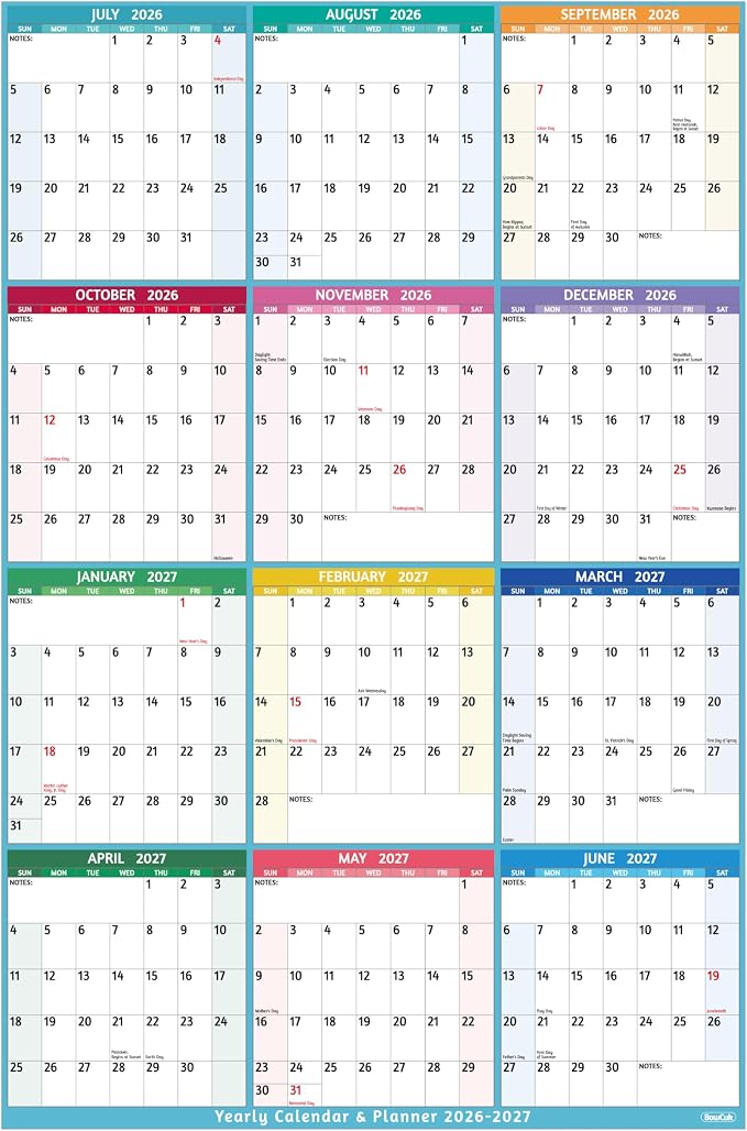 Yearly Wall Calendar 2026-2027 - Large Yearly Calendar Vertical, Jul 2026 - Jun 2027, 25.2" x 38.2" (Open), Calendar 2026-2027, Large Wall Calendar, Full Year Paper Calendar with Notes, Thicker Paper