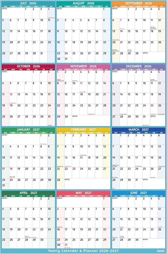 Yearly Wall Calendar 2026-2027 - Large Yearly Calendar Vertical, Jul 2026 - Jun 2027, 25.2" x 38.2" (Open), Calendar 2026-2027, Large Wall Calendar, Full Year Paper Calendar with Notes, Thicker Paper