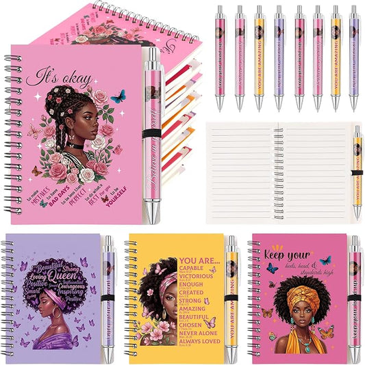 Colarr 12 Sets Black Women Journals and Pen Gifts African American Journal and Pen for Black Girl Lady Inspirational Spiral Notebooks African American Gifts