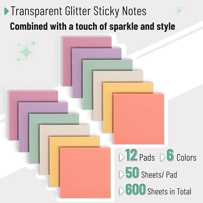 Mr. Pen- Transparent Glitter Sticky Notes, 3”x3”, 12 Pads, 600 Sheets | Colorful, Plastic Glitter Sticky Notes Bulk, Self-Stick Note Pads for Women, Office, School, Home, Study & Organization