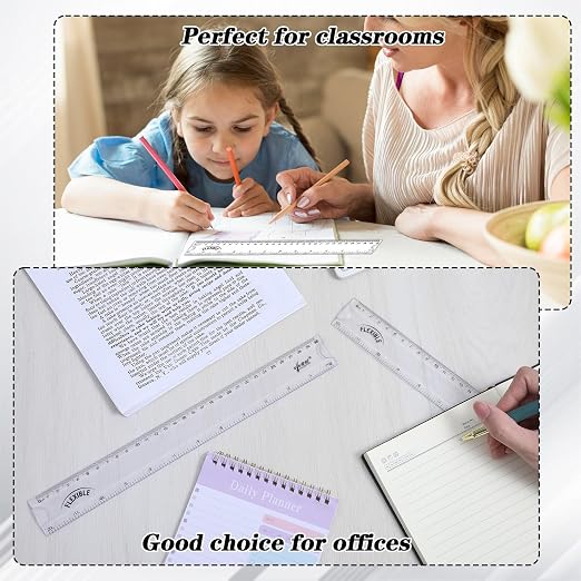 Grevosea 2 PCS Flexible Ruler 12 Inch Bendable Clear Plastic Ruler | Soft Bendable Rulers with Centimeters and Inches for Kids and Adults School Classroom Office Supplies