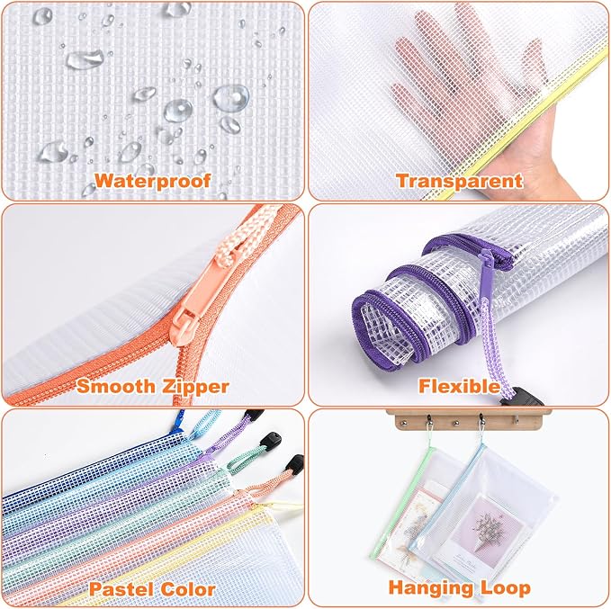 Mesh Zipper Pouch Bags: Clear Zipper Pouches for Classroom, Plastic Mesh Bag Letter Size Document Pouch, A4 Waterproof Organizing Pouch for School and Office Supplies (13.5 x 9.5Inch, 6PCS, 6 Color)