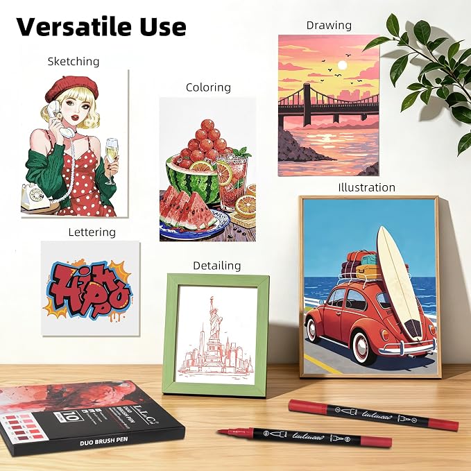 LIULIUCAI 10 Red Dual Markers, Fine & Brush Tip Pen for Adult Coloring | Bold Red Markers Brush Pens for Christmas Cards, Love Letters, Highlights Outlining, Signatures Illustration Gift