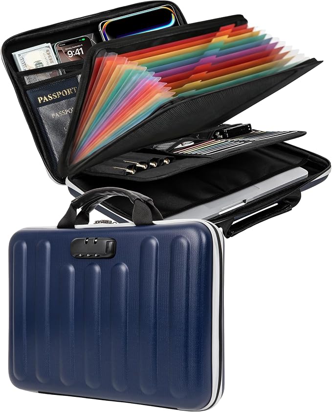 DOZAWA Fireproof Document Box, Waterproof Hard File Organizer with Lock | UL-94 VTM-0 certified 8-layer document box withstands up to 5200°F, featuring waterproof zippers, DeepBlue