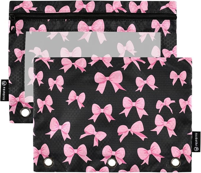 Pink Bow Black Pencil Pouch for 3 Ring Binder 2 Pack Zipper Binder Pencil Bag Case with Clear Window Office Supplies