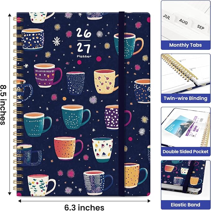 Planner 2026–2027, Weekly & Monthly Academic Organizer for School Year, Jul 2026–Jun 2027, Hardcover Planner with Tabs, Back to School Essential, 6.3" x 8.5", Caffeine Mosaic