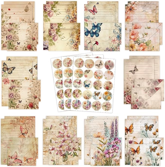 FUNCLASS 160 Pcs Vintage Butterfly Stationery Set Letter and Envelopes | 50 Lined Stationery Paper and 50 Matching Envelopes , 5.5 x 8.25 Inches Letter Writing Stationery for Home, Office, School