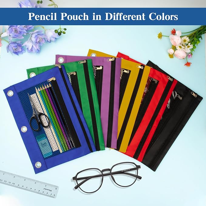Pencil Pouch for 3 Ring Binder 8 Pack Pencil Bags with Zipper Pencil Case for Binder Large Pencil Case Pouch 3 Ring with Clear Mesh Window Double Pockets Office Supplies Assorted Color