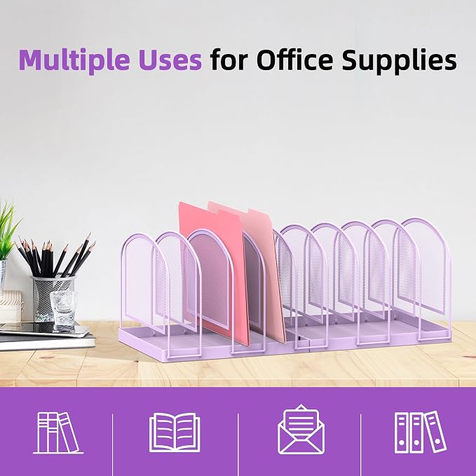 SUPEASY 9-Section File Organizer for Desk, Metal File Folder Holder, Purple | 9 Vertical Compartments with Sturdy Metal Base for Office Documents Books Magazines and Laptop