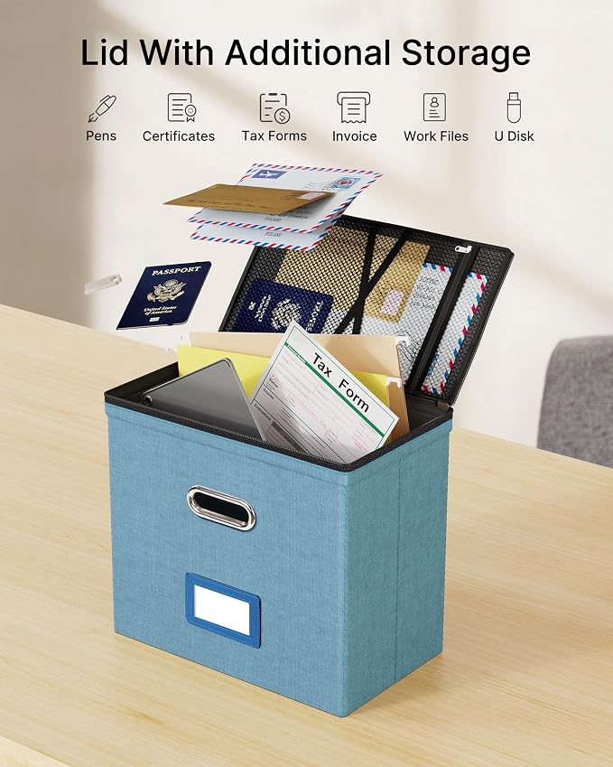 Oterri File Box Small 1-Pack Mesh Pockets Hanging Organizer for Letter-Size | Dustproof Lid. 3 Mesh Pockets. Collapsible Scratch-Resistant GRS Linen. Slide Rails. Office, Home, Dorm