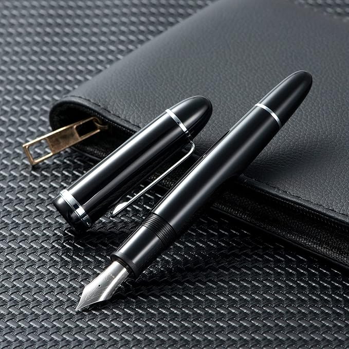 Jinhao X159 Black Acrylic Fountain Pen, Size 8 Medium Nib Silver Trim Classic Design Smooth Writing Pen with Converter