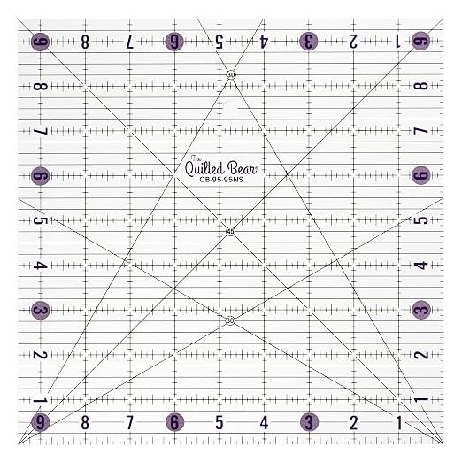 The Quilted Bear Square Quilting Ruler, Transparent Acrylic, 9.5" x 9.5" | Non-Slip, Precise Bold Lines, 30, 45 & 60 Degree Angles, 3mm Thick Transparent Acrylic, for Quilt Blocks, Sewing & Craft