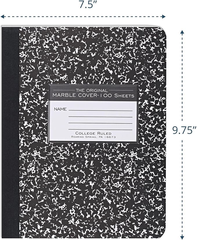 ROARING SPRING Hard Cover Composition Notebook, Black Marble Comp Book, 9.75″ x 7.5″, College-Ruled with Margin, 100 Sheets (200 Pages)