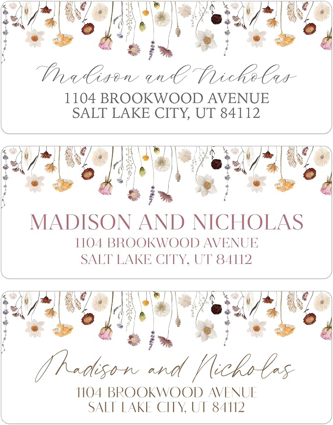 Return Address Labels Personalized with Your Choice of 30 Flower Styles - Choose Font and Font Color or Add Custom Text - Perfect for Wedding Envelopes (011 Wildflowers)