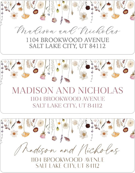 Return Address Labels Personalized with Your Choice of 30 Flower Styles - Choose Font and Font Color or Add Custom Text - Perfect for Wedding Envelopes (011 Wildflowers)