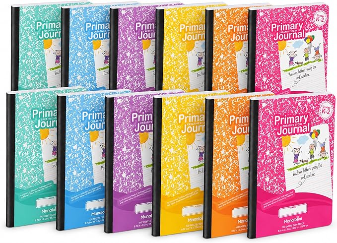 Primary Composition Notebook K-2, Primary Journal Grades K 2, Preschool, 1st Grade, Kindergarten Notebooks, Primary Ruled - 9.75″ x 7.50″ - Sturdy Covers - 100 Sheets - Assorted Colors - (12 Pack)