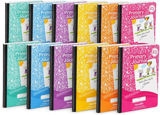 Primary Composition Notebook K-2, Primary Journal Grades K 2, Preschool, 1st Grade, Kindergarten Notebooks, Primary Ruled - 9.75″ x 7.50″ - Sturdy Covers - 100 Sheets - Assorted Colors - (12 Pack)