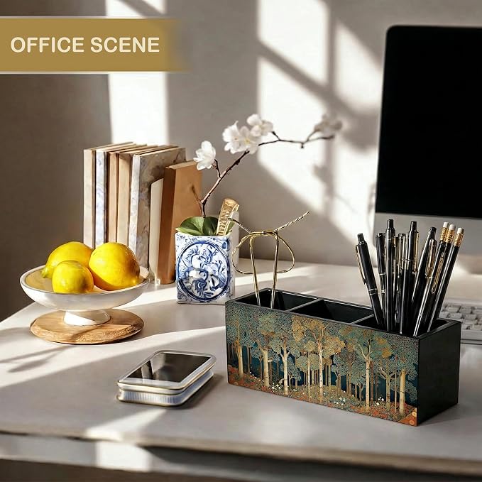 Rustic Forest William Morris Inspired Wooden Pencil Pen Holder for Desk Organizers and Accessories, Farmhouse Nature Forest Botanical Makeup Brush Holder Organizer for Bathroom Vanity