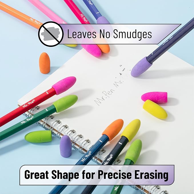 Mr. Pen- Pencil Top Erasers, 120 Pack, Vibrant Colors, Latex-Free | No-Smudge Cap Pencil Erasers for Precise Erasing, Kids, Teachers, Studying Supplies