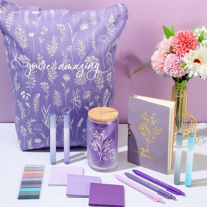 14 Pcs Inspirational Journal Kit for Women Aesthetic A6 Leather Journal Notebook Glass Cup Canvas Tote Bag Motivational Pen Stationery Set for Vbs Sunday School Teacher Back to School(Purple)