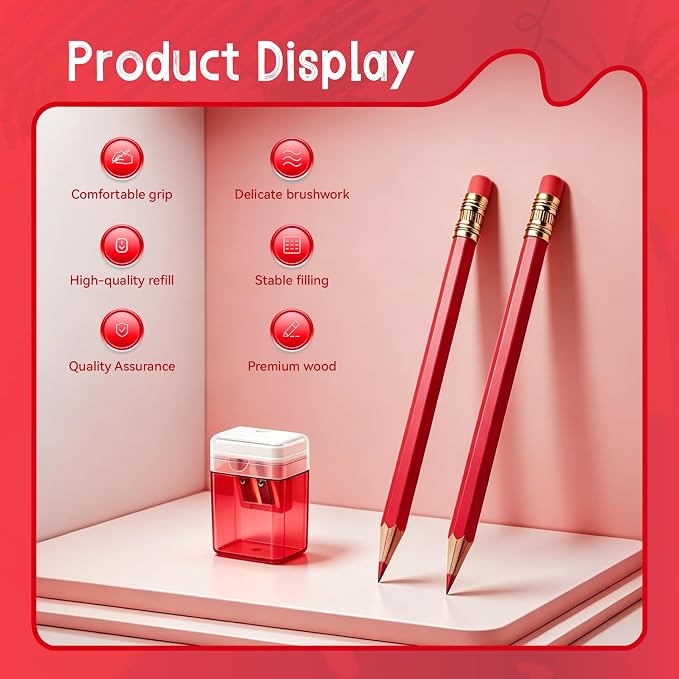12 Pcs Red Pencils with Eraser for Kids HB Erasable Pencils Pre-Sharpened Professional Wooden Pencils Set, Ideal for School Writing, Drawing, Sketching, Coloring and Creative Projects(Red)