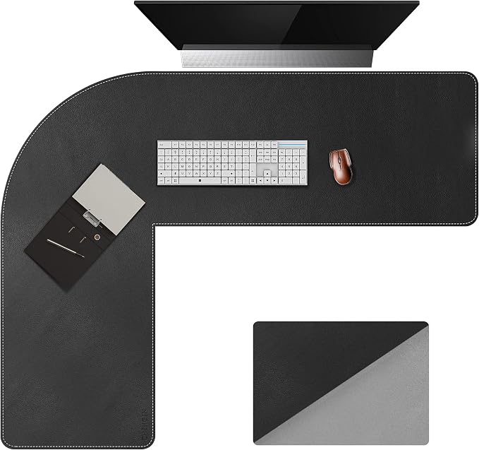 Chihein L-Shaped Desk Pad (49.2”+ 49.2”) x 15.7”, PU Leather Corner Desk Mat, Computer Office Mouse Pad Writing Table Pad for Home Office - Black/Gray