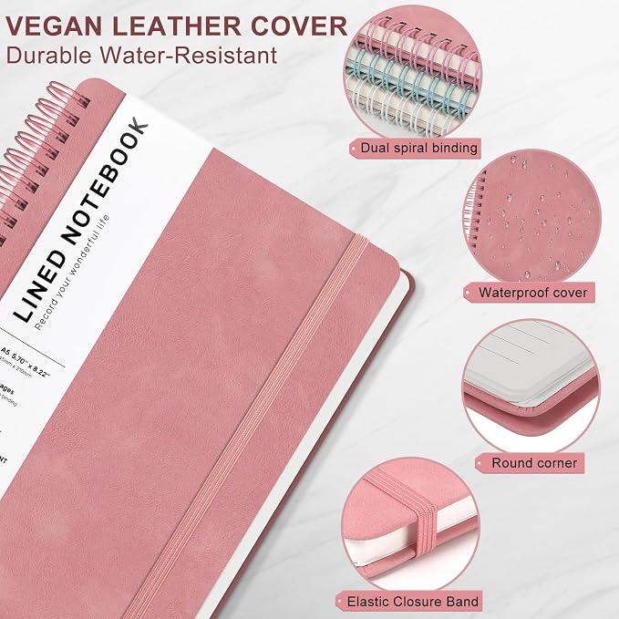 Lined Spiral Journal Notebook with 160 Pages, 8×5.7in, A5 Spiral Notebook, Journaling Notebooks for Work, School, Women, Men, College Ruled Spiral Notebook, Hardcover Leather Journals, Light Red