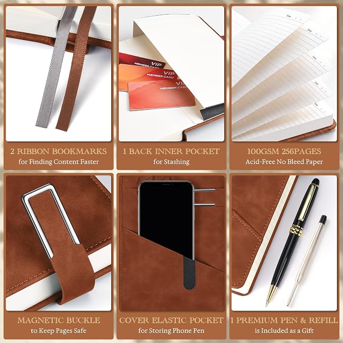 Lined Notebook Journal for Men Women, College Ruled Notebook, Hardcover Leather Journal with Pen & Gift Box, 256 Pages Thick Daily Diary, Professional Notebooks for Work, Travel, Executive, Writing,A5