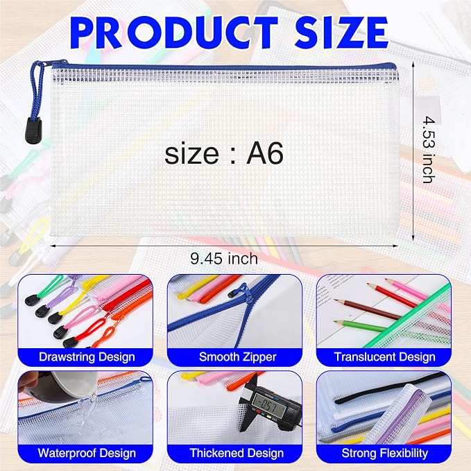 Zhehao 200 Pieces A6 Mesh Zipper Pouch Bulk Mesh Bags with Zipper Waterproof Small Pencil Pouches for Office Supplies Organization 9.4 x 4.5 Inches(10 Assorted Colors)