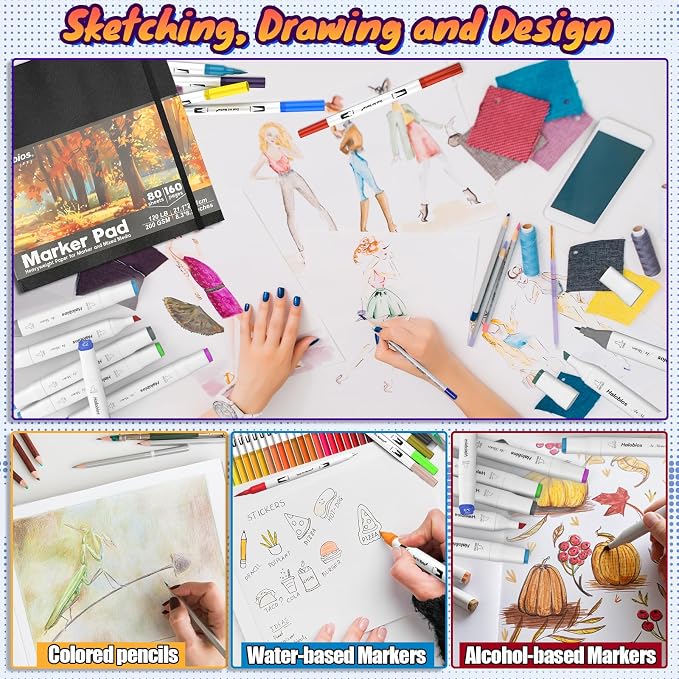 Halobios Square Sketchbook for Drawing, 120 lb/200 GSM Mixed Media Sketchbook, 80 Sheets/160 Pages Portable Marker Drawing Paper Sketch Book for Alcohol Markers, Artists, Beginners（8.3”x8.3”）