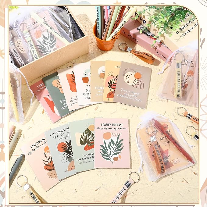 Mooliwe 24 Set Positive Affirmation Gift Set Gratitude Notebooks with Pens Keychains Small Bags Motivational Party Favors for Adult Women Coworkers Employee Group (Plant)