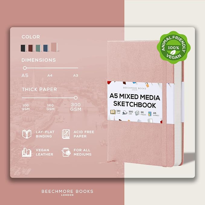 Beechmore Books 300 GSM Heavyweight Mixed Media Sketchbook A5 5.8"x8.3" - 96 Pages, Vegan Leather Hardcover Professional Art Journal for Paintings, Gouache and Ink