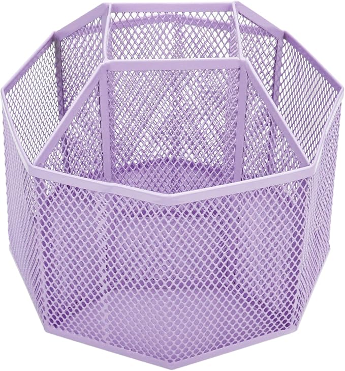 Annova Mesh Desk Organizer Rotate with 5 Compartments Spinning Tidy Candy/Pen Holder Office, Art Supply, Storage, Classroom, Home (Light Purple)