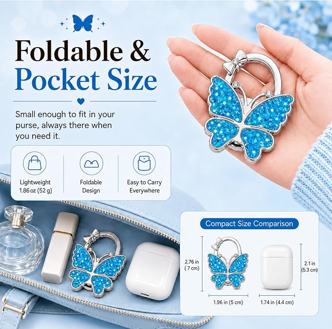 Purse Hook for Table, Foldable Handbag Hanger for Women, Portable Bag Holder with Non-Slip Base, Cute Sequin Blue Butterfly Purse Table Hook for Restaurant Office Travel Gift