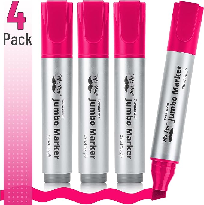 Mr. Pen- Jumbo Permanent Markers, 4 Pack, Pink, Chisel Tip, Wide Tip, Large | Thick Permanent Markers for Canvas, Posters Board, Fabric, Window, Glass, Wood, Waterproof, Quick Dry