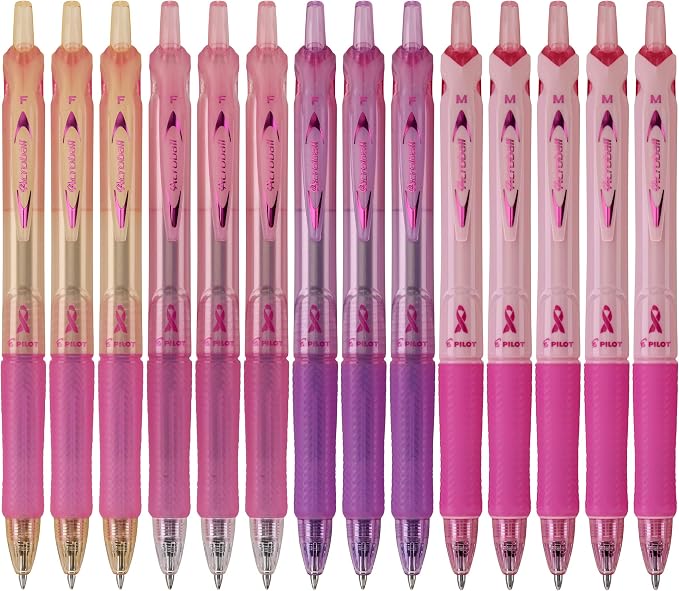 Pilot Acroball Breast Cancer Awareness Collection Colors Advanced Ink Refillable & Retractable Pens, Ball Point Pens, Assorted Point, Black/Pink Ink, 0.7mm, 14-Count