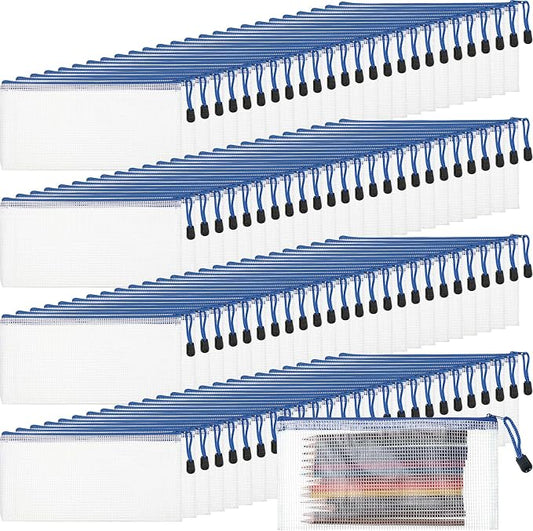 Handepo 100 Pack Mesh Zipper Pouch Pencil Pouches Bulk Clear Storage Bag Small Waterproof Purse Bag Multipurpose for Cash Board Game Passport Office(A6/9.45x4.53in,White Pouch Blue Zipper)