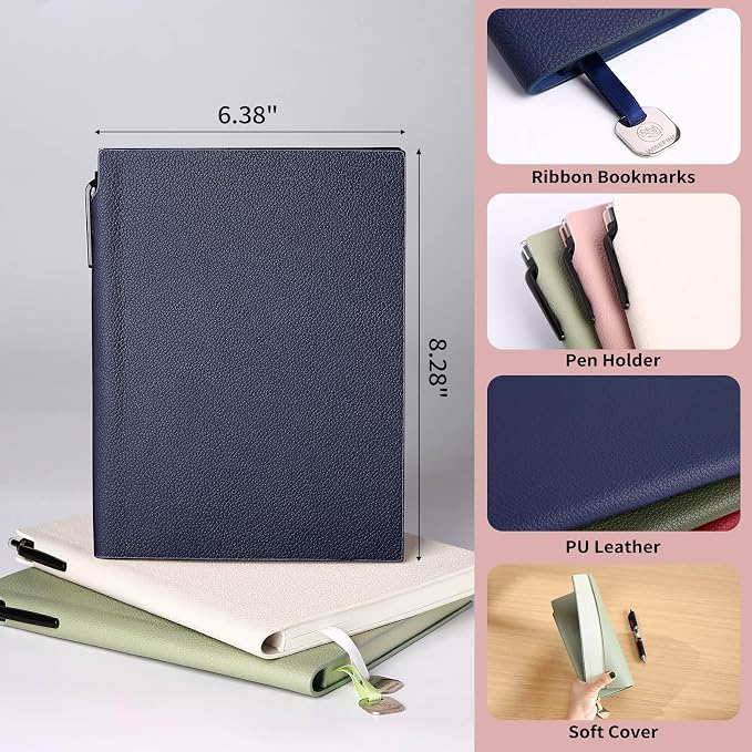 Wisefine Lined Journal Notebook for Women A5 Softcover PU Leather Journals for Writing 160 Pages Daily Journaling Ruled Notebooks for Work Note Taking 6.38'' X 8.28'' (3pack-Pink/Navy Blue/Black)