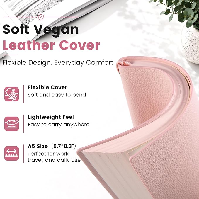 CAGIE Lined Journal Notebook for Men & Women,176 Pages A5 Medium Size, Softcover Leather Journals for Writing, College Ruled Notebook for Work & School, 100 GSM Thick Paper (5.7'' x 8.3'') (Pink)
