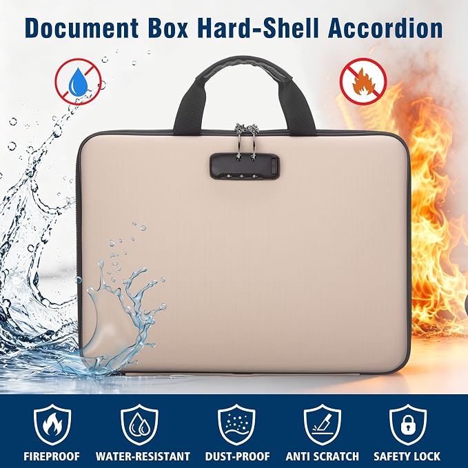 Fireproof Document Box with Lock, Hard-Shell Case Fireproof File Organizer with 13 Pocket Accordion File Folder, Portable Home Office Travel Safe Storage for Important Documents Laptop