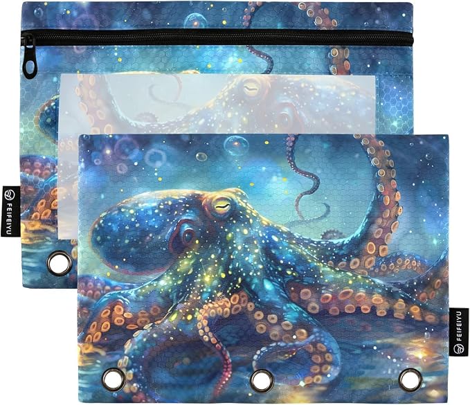 ALAZA Octopus Blue Pencil Pouch for 3 Ring Binder 2 Pack Zipper Binder Pencil Bag Case with Clear Window Office Supplies